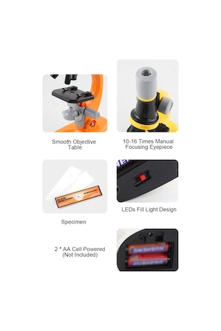 Aubyhe 1200x Büyütme Mikroskop, 3'lü Objektif, Led Işık, Fen Deneyleri, Çocuklar İçin Eğitici Oyuncağı, Beyaz 2xaa Pil Gerekiyor, Pil Dahil Değil