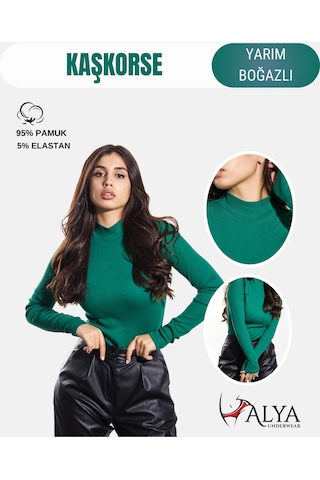 Kaşkorse Yarım Boğaz Body Sweatshirt, Fitilli Kumaş, Likralı, Bordo Çimen Yeşili