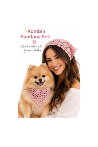 Kadın & Köpek Kombin El Örgüsü Minik Dost Bandana Seti Ayarlanabilir Evcil Hayvan Sahip Kombini Bohem Tasarım Pembe