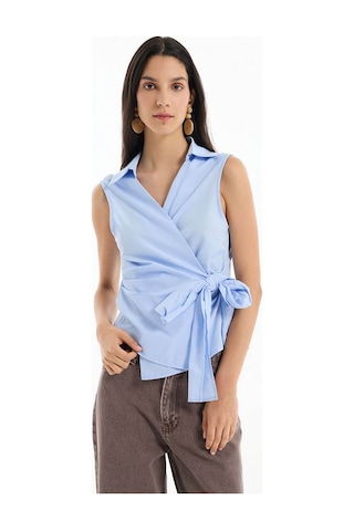 Quzu Önü Bağlama Detaylı Mavi Kadın Bluz Blz00538 Mavi