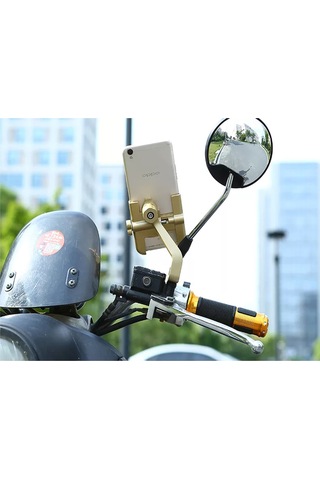 Alüminyum Gövdeli Ayna Bağlantılı Gold Renk Motosiklet Bisiklet Açık Telefon Tutucu
