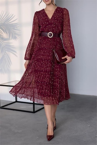 Neşeli Butik Kadın Kemerli Puantiye Desenli Şifon Elbise Nbmy3286 Bordo