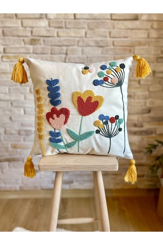 Swita Home Punch İşlemeli Tekli Dekoratif Özel Tasarım Kırlent Kılıfı Panç Çok Renkli