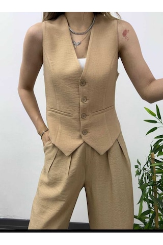 Nevege Butik Nevege Kadin V Yaka Camel Astarli Keten Yelek Camel
