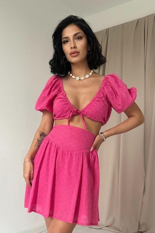 Butik İstanbul Fuşya Brode Crop Ve Mini Etek Takım