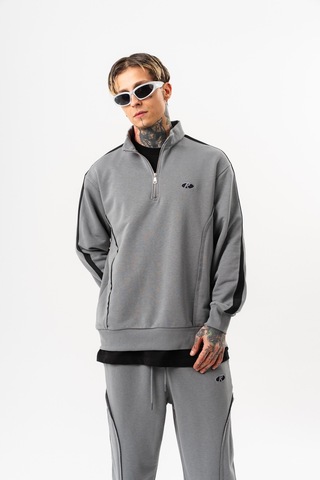 Respire Erkek Pis Dikiş Detaylı Yarım Fermuarlı Diagonel Sweatshirt Gri