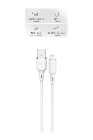 Usb-a To Lightning Hızlı Şarj Kablosu 12w 2.4a, 480mbps, 1.2m, İphone, İpad Uyumlu Beyaz-v205002