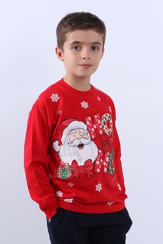 Çocuk Yılbaşı Sweat Noel Baba Ve Kar Tanesi Baskılı Ribanalı E29 Kırmızı