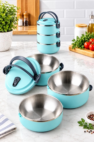3 Katlı Yeni Nesil Sefer Tası Lunch Box Beslenme Kabı Paslanmaz Çelik 1800 Ml Turkuaz