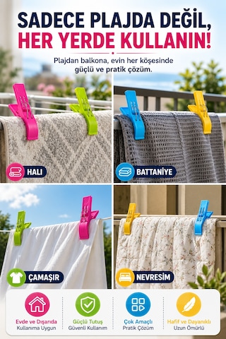 2'li Set Küçük Boy Şezlong Mandalı Çift Telli Plaj Havlusu Halı Battaniye Çamaşır Mandalı Karışık Renkli