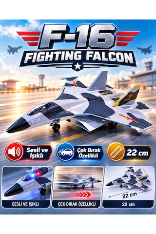 F-16 Fighting Falcon Gri Siyah Kamuflaj Desenli Sesli-ışıklı Çek-bırak Askeri Oyuncak Uçak 21 Cm
