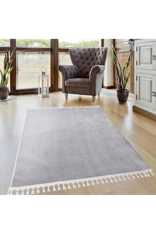 Vl Comfort Peluş Halı Beyaz Düz Saçaklı Açık Gri Ponpon Saçak