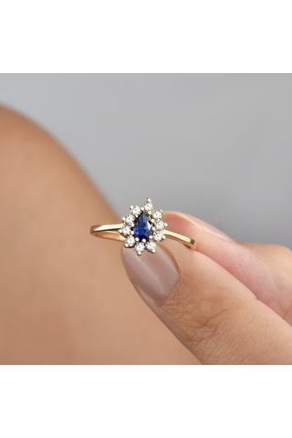 14 Ayar Mikron Altın Kaplama Safir Taşlı Damla Halo Yüzük Vintage Stil - Rs00116 Altın