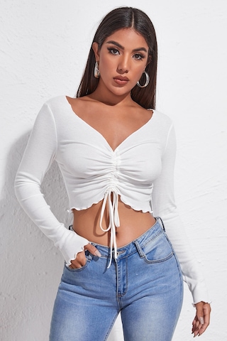 Veraura Lifestyle Kadın Beyaz Uzun Kollu Büzdürme Bağcık Detaylı Crop Top Bluz