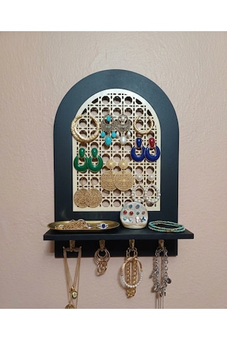 Rattan Rattan Desenli,Anahtar Askılıklı Raflı Duvar Organizeri Siyah
