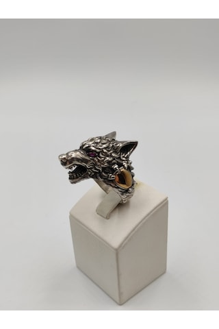 Kurt Kafası Mor Taşlı Erkek Yüzüğü 25 Mm 925 Ayar Gümüş Yüzük