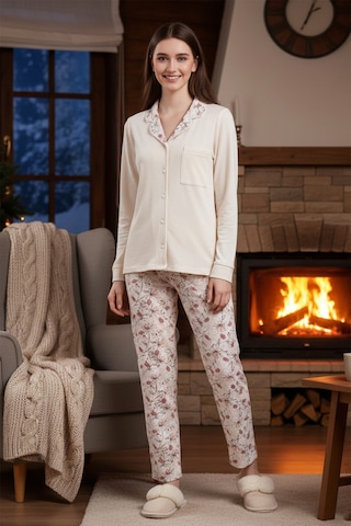Remsa Kadın Desenli Önü Düğmeli Yumuşak Milan Kumaş Pijama Takımı 250347-3 Krem01 Krem01