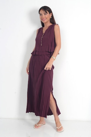 By Saygı Kadın Önü Metal Düğmeli Fırfırlı Kolsuz Bluz Beli Lastikli Pileli Uzun Sunset Etek Modal 2'li Takım Bordo