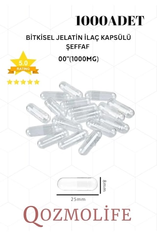 Büyük Boy Şeffaf Bitkisel Jelatin Boş Kapsülü Helal 00"1000mg 1000 Adet Büyük Boy Şeffaf Bitkisel Jelatin Boş Kapsülü Helal 00"1000mg 1000 Adet