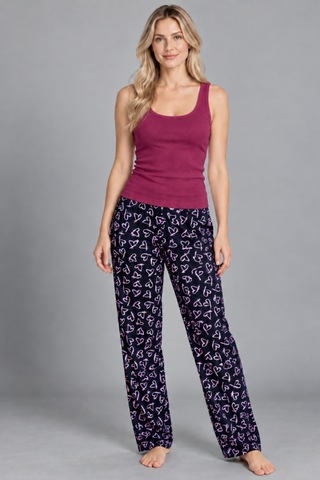 Womanandkids Night Bordo Kadın Çizgili Bluz Desenli Askılı Pijama Takımı