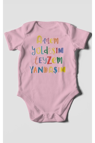 Annem Yoldaşım Teyzem Yandaşım Baskılı Bebek Zıbını Çıtçıtlı Body %100 Pamuk Kısa Kol Koyu Pembe