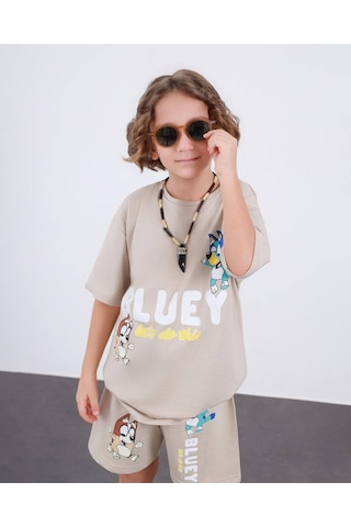 Miniko Kids Erkek Çocuk Bluey Modelli Pamuk Şortlu Takım Ekru