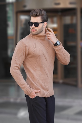 Madmext Camel Boğazlı Uzun Kollu Desenli Örme Kazak 7279 Camel