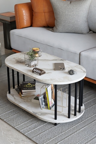 Modern Oval Orta Sehpa Çift Katlı Metal Ayaklı Salon, Ofis, Dekoratif Sehpa, Kahve Sehpası Beyaz Mermer