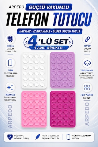 4 Lü Güçlü Vakumlu Telefon Tutucu - Silikon Vantuzlu Beyaz - Lila - Pembe - Fuşya