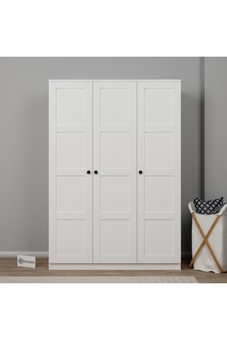 Loren 3 Kapaklı, 6 Raf Bölmeli, Askılıklı Geniş Elbise Dolabı, Gardırop, Beyaz 190 135 Beyaz