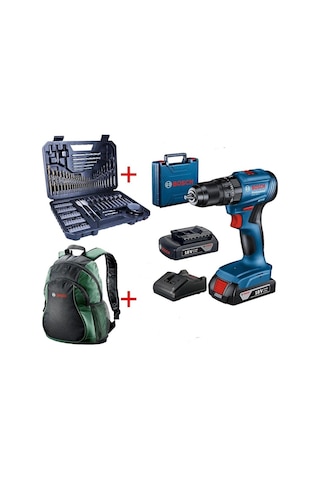 Bosch Professional GSB 185-lı 2x2.0AH Çift Akülü Darbeli Matkap - 06019K3100 + Bosch V-line Matkap & Vidalama Karışık Aksesuar Seti 103 Parça - 2607017367 + Bosch Sırt Çantası Yeşil