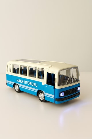 Nostaljik Halk Otobüsü 11 Cm Pilli Sesli Işıklı Kapısı Açılır Yumuşak Tekerlekli - Mavi