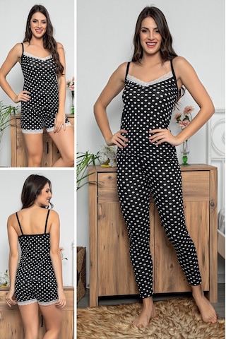 Kadın Siyah Renkli Puantiyeli Dantel Detaylı Şortlu Ve Taytlı Pijama Takımı 3'lü Set 75004 Siyah