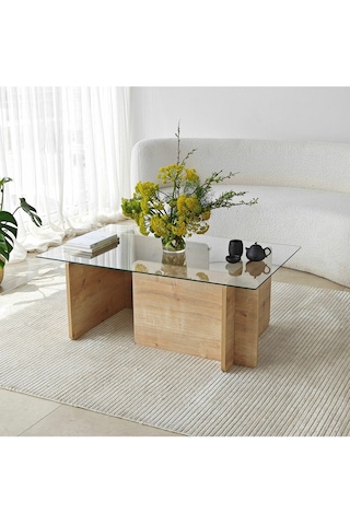 Piano, Yeni Nesil Modern Dikdörtgen Cam Orta Sehpa, Natural