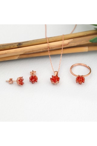 Zanaatsilver 925 Ayar Gümüş Orange Taşlı Rose Kaplama Lotus Çiçeği Takım & Set