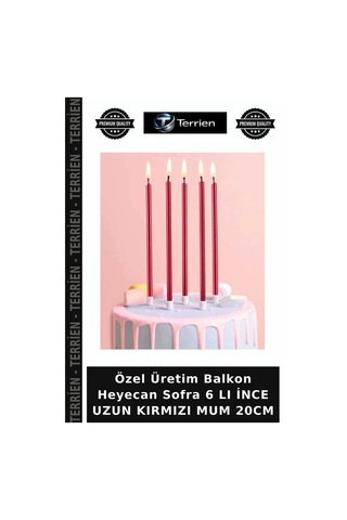 Özel Üretim Balkon Heyecan Sofra 6 Lı İnce Uzun Kırmızı Mum 20cm