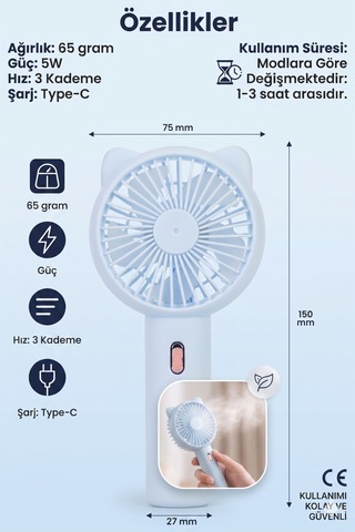 Şarjlı El Fanı 3 Kademe Seyahat Vantilatör Taşınabilir Mini Fan