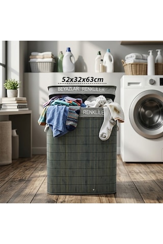 Gri Dikdörtgen 2 Bölmeli 52x32cm Y:63cm Bambu Ahşap Kirli Çamaşır Sepeti Kumaş Çantalı İp Kulp