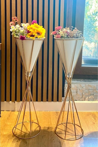 Dekoratif Modern Salon Bahçe Teras Uyumlu 2'li Taşlı Burgu Vazo Beyaz - Gold