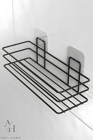 Atacı Yapışkanlı 2li Banyo Düzenleyici Banyo Aksesuarı Banyo Rafı Pratik Siyah Uzun Havluluk Siyah