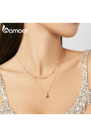 Bamoer Takı Bamoer Aşk Kalp Kadın Klavikula Zinciri Çift Zincir 925 Ayar Gümüş Boyun Takı Altın