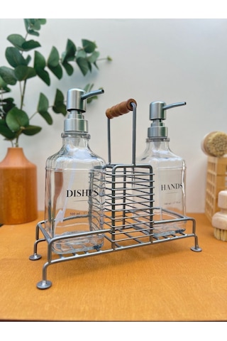 Morponi Kulplu Standlı 2'li Cam Sabunluk Seti Metal Gri Gri