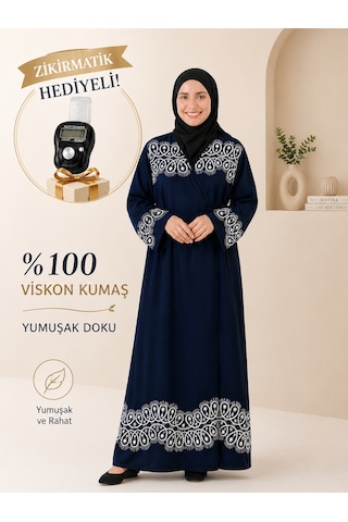 Bilenler Halka Desenli Lacivert Namaz Elbisesi Viskon Kumaş Zikirmatik Hediyeli Yandan Bağlamalı