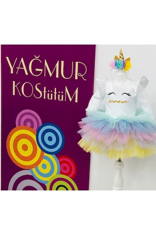 Unicorn Model Beyaz Kız Çocuk Bebek Abiye Elbise Kostüm