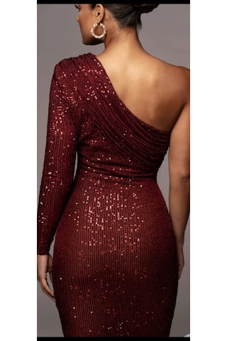 Hanife Glam Couture Hanife Glam Pulpayet Işlemeli Tek Kollu Midi Elbise Bordo