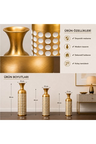 Seramik Görünümlü Metal Dekoratif Yer Vazosu Gold Beyaz Puantiyeli Modern Salon Vazosu Beyaz - Gold