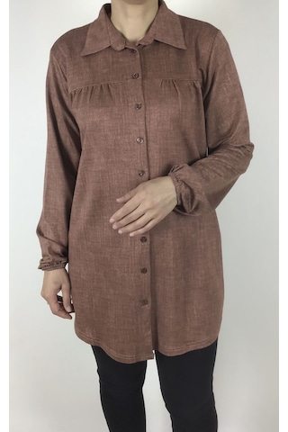 Mevsimlik Kolları Lastikli Boydan Düğmeli Gömlek Kiremit