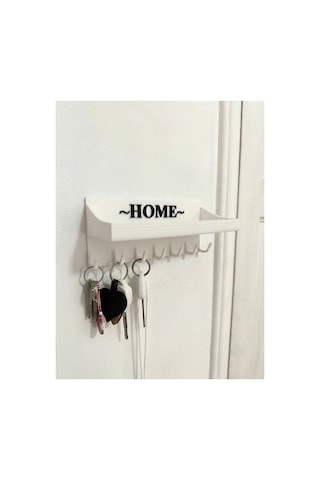 Home Yazılı Duvar Tipi Anahtarlık Ve Posta Kutusu Rafı - 7 Kancalı Dekoratif Anahtar Askısı Gri Beyaz