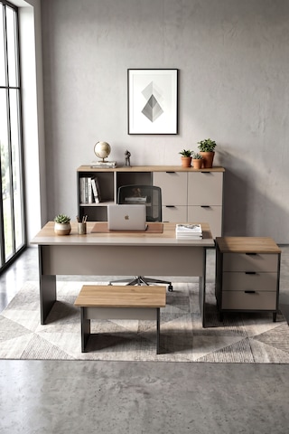 Robin Home Nexus Yönetici Ofis Takımı Makam Takımı Çalışma Masası Sehpa Keson Klasör Dolabı 4 Parça Sepet-kumsal-antrasit Kahverengi