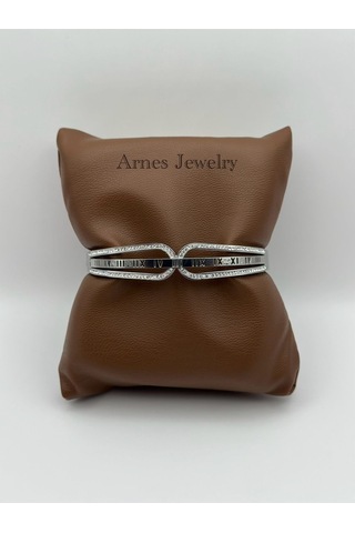 Arnes Jewelry Çelik Silver Roma Rakamlı Kelepçe Bileklik Ar10 Silver